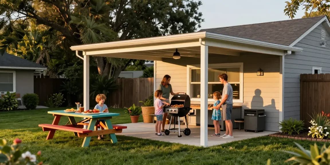 Familie genießt BBQ unter einem Carport im Garten, einladende Atmosphäre