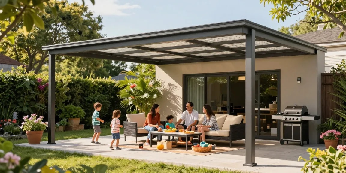 Freistehende Terrassenüberdachung mit Familie beim Picknick im Garten.