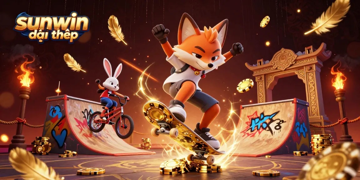 Experience sunwin đổi thưởng excitement in this vibrant 3D illustration with a skateboarder fox and BMX rabbit.