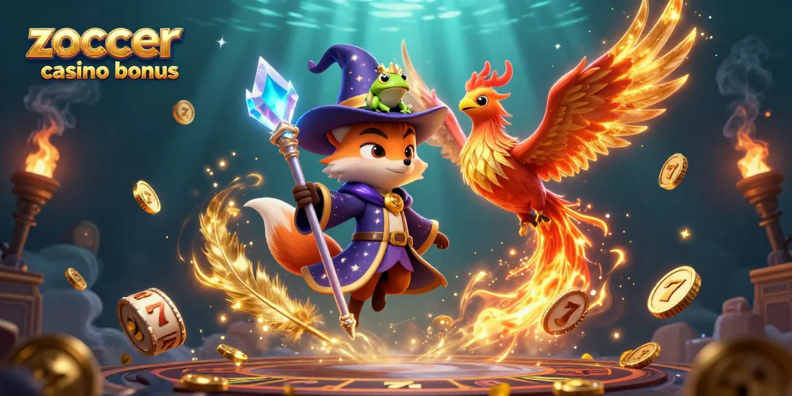Experience the zoccer casino bonus with a magical wizard fox, phoenix, and vibrant gaming elements in 3D glory.