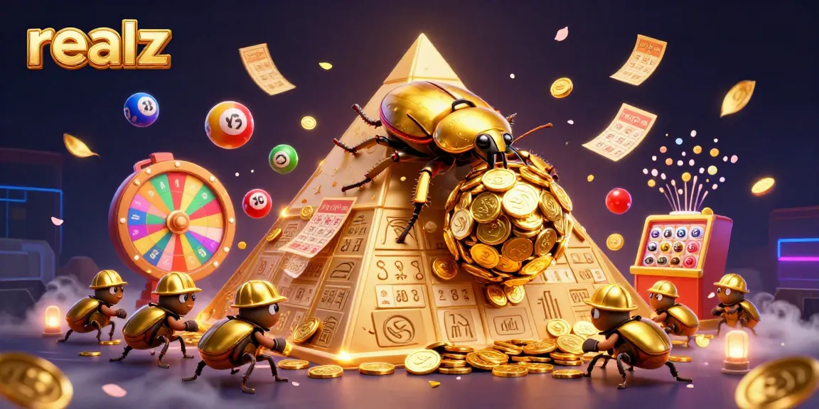 Engage with a vibrant scene of realz casino elements featuring golden beetles amidst a dynamic lottery theme.