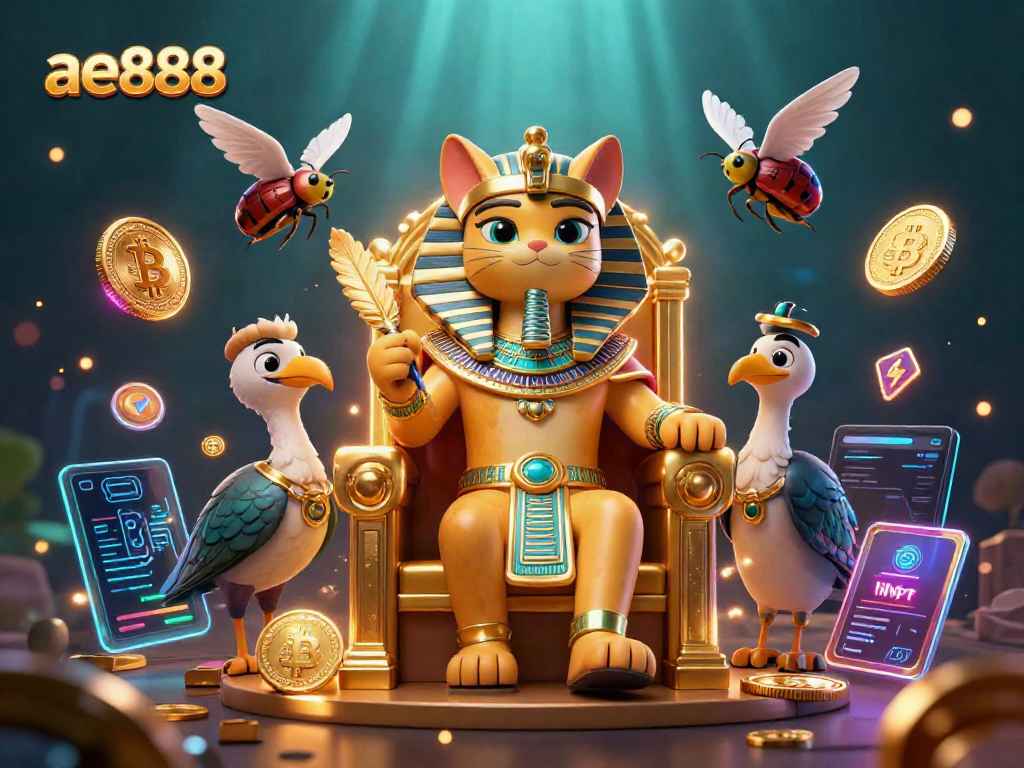 Experience thrilling luck at ae888 with 3D Pharaoh cat, crypto elements, and casino visuals.