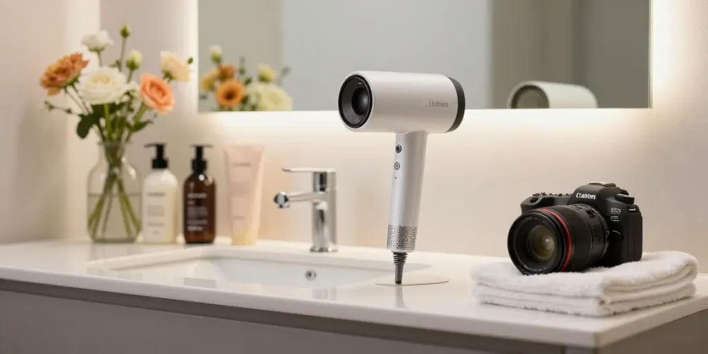 Der Laifen Föhn auf einem stilvollen Badmöbel, umgeben von Haarpflegeprodukten und Blumen.
