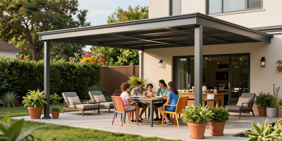 Familie genießt ein Essen unter einer eleganten Terrassenüberdachung, stilvoll und einladend.