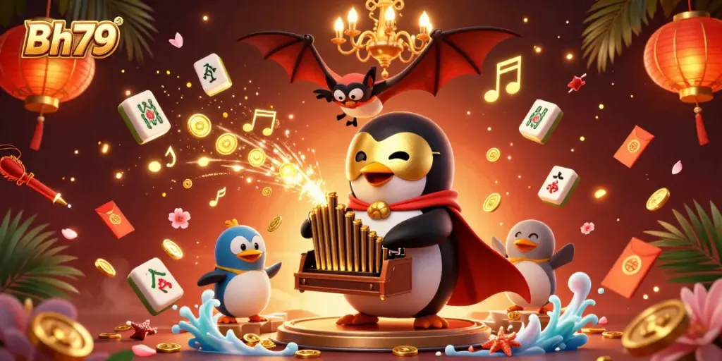 Experience thrilling casino gaming with Bh79 as a phantom penguin plays an organ, showering coins.
