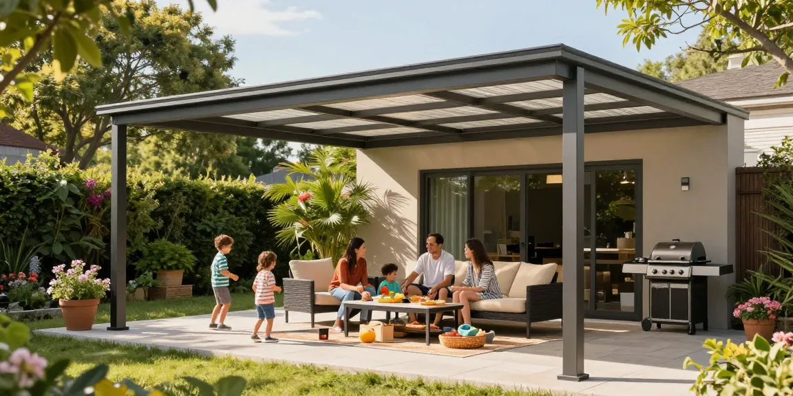 Freistehende Terrassenüberdachung mit Familie beim Picknick im Garten.
