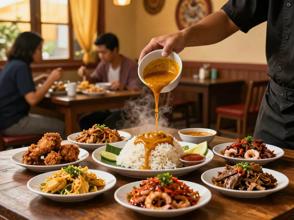 Nasi kandar dish featuring rokok88 alternatif with vibrant curry sauces and side dishes.