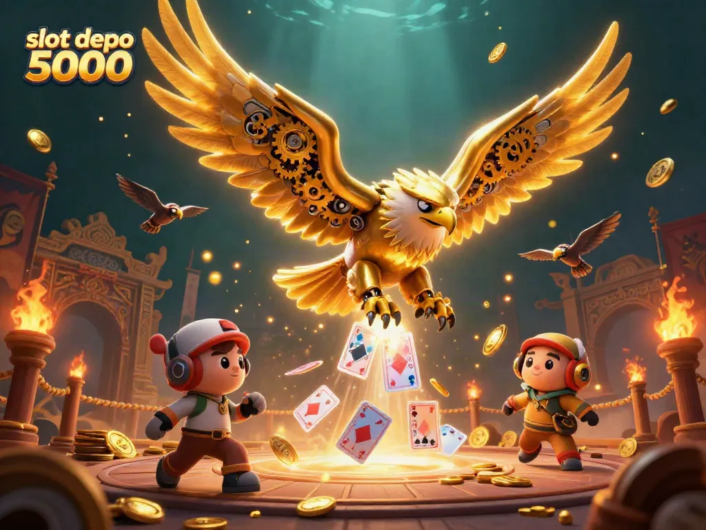 Engage in exciting games at slot depo 5000 featuring dynamic characters amidst gold coins and playing cards.