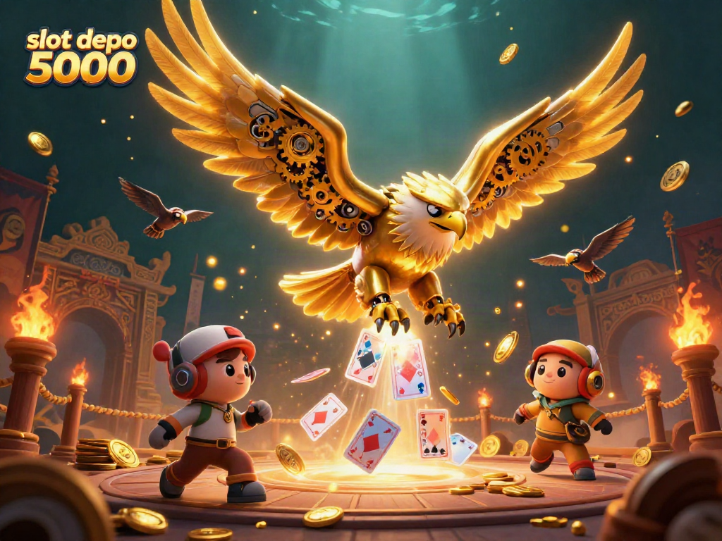 Engage in exciting games at slot depo 5000 featuring dynamic characters amidst gold coins and playing cards.