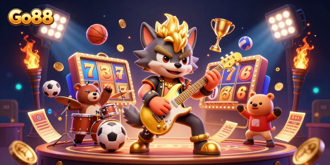 Go88 slots excitement as a wolf rockstar and bear drummer rock a casino stage