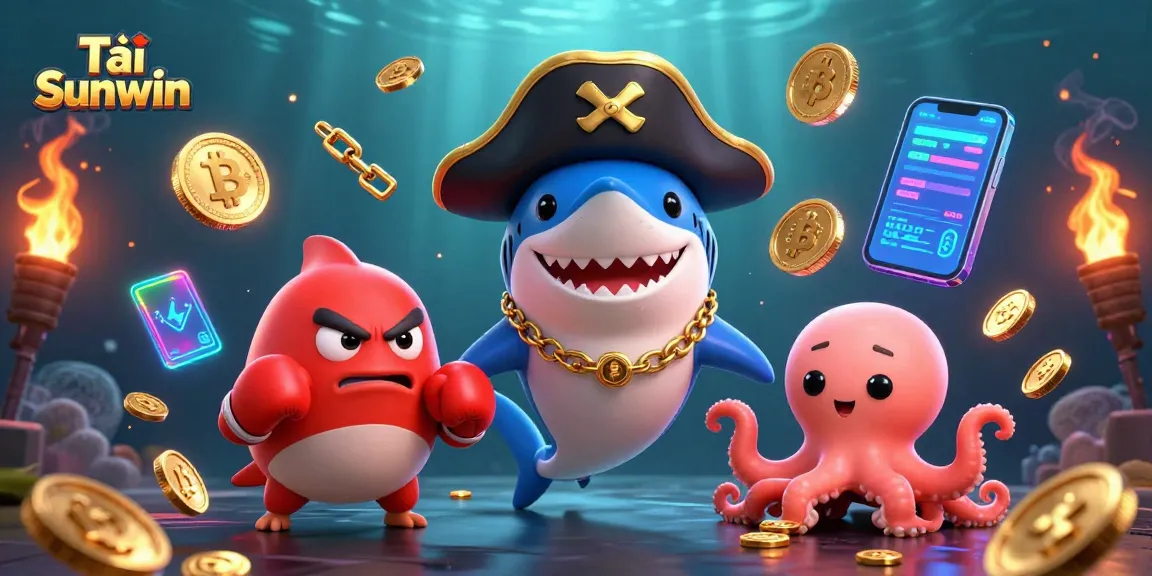 Tải Sunwin and experience thrilling gaming with a cartoon pirate shark, pufferfish, and octopus featuring dynamic casino elements.