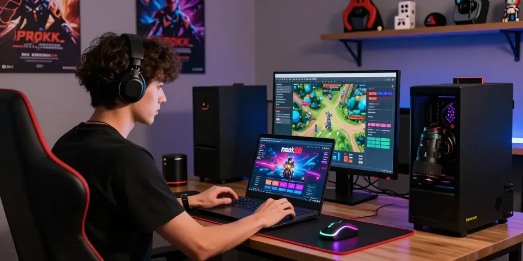 Engaging gaming atmosphere showcasing rokok88 alternatif platform with modern gaming setup and vibrant visuals.