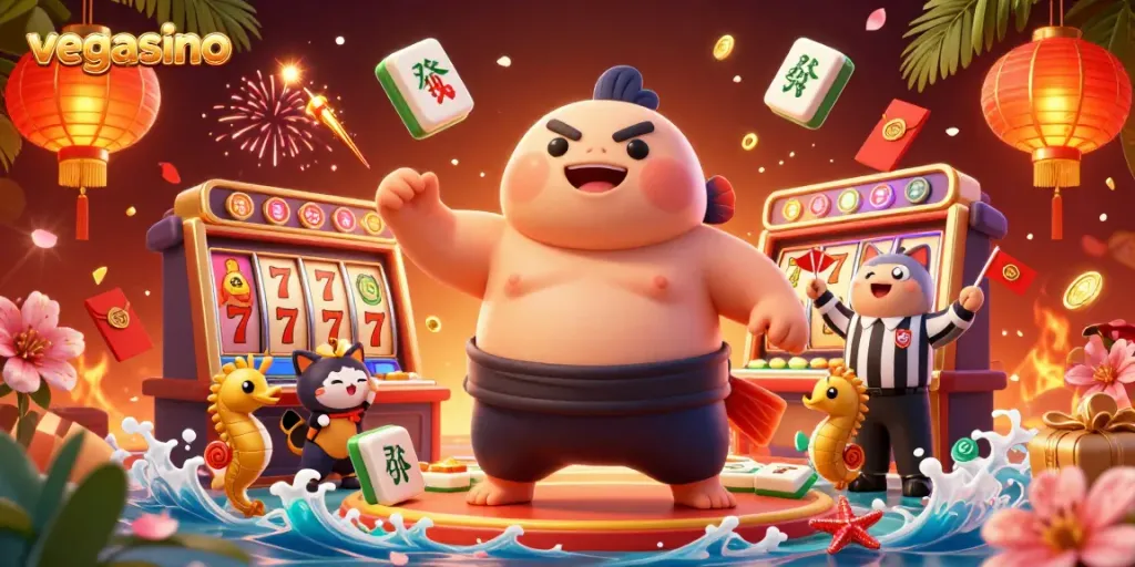 Engage with vegasino's vibrant casino world featuring a cartoon fugu and themed elements.
