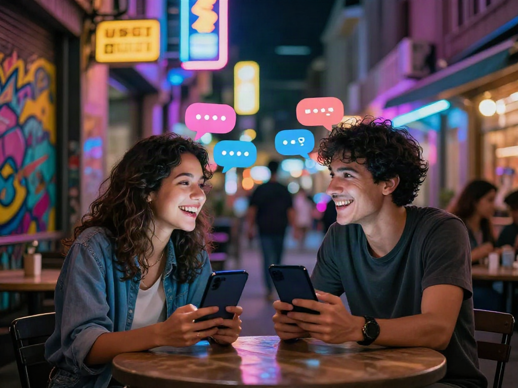 A couple enjoying ai chat porn conversations at a lively urban café with vibrant neon lights and animated smartphone interactions.