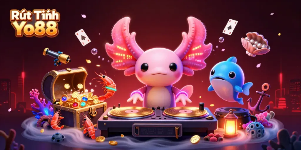 Experience Rút Tiền Yo88 with a vibrant underwater casino scene, showcasing lively characters and dynamic gambling elements.