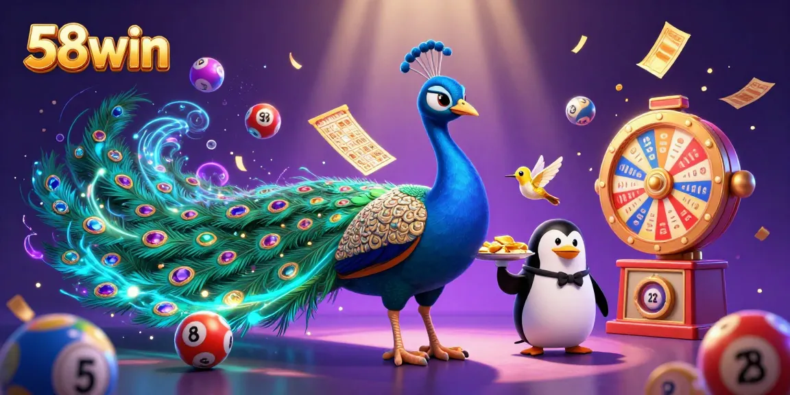 Engage with 58win's vibrant casino world featuring an aristocratic peacock, penguin butler, and golden hummingbird.