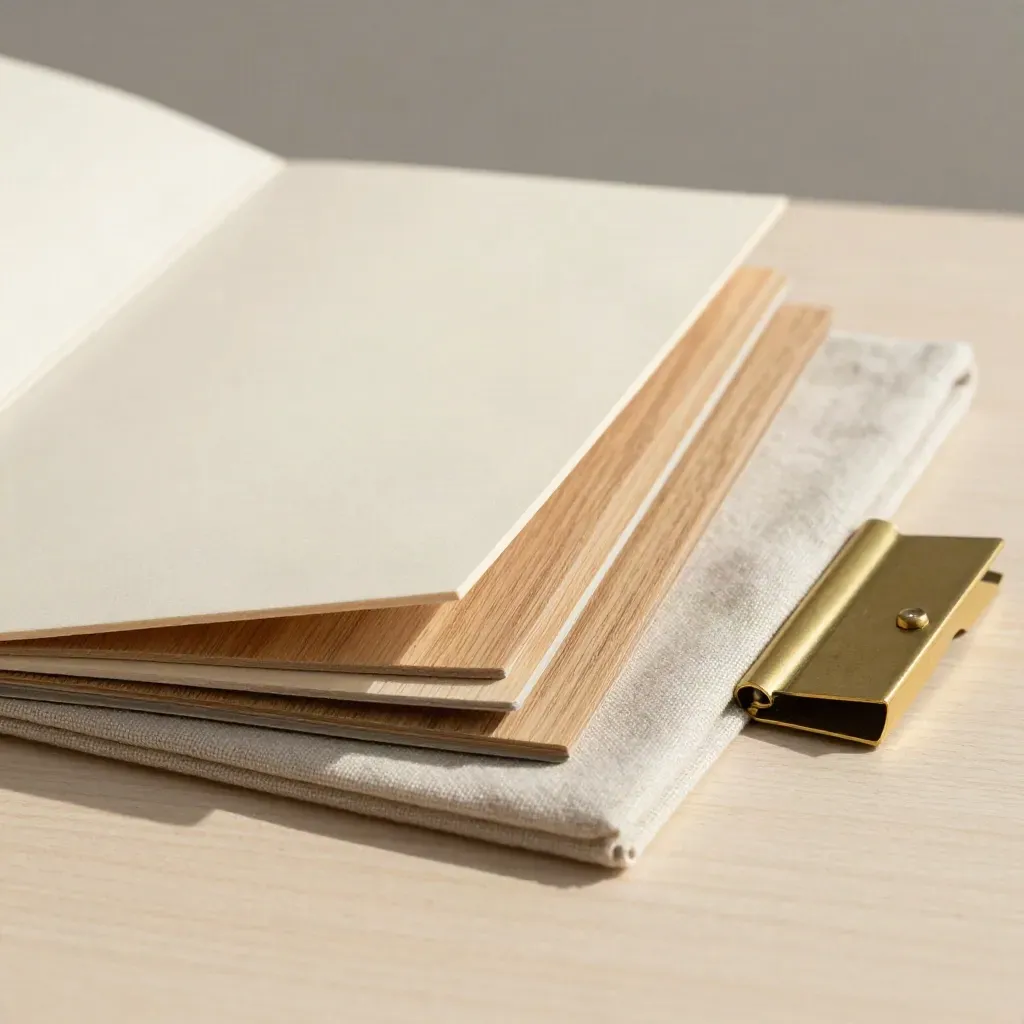 Cremefarbener Angebotsfolder mit Eichenmustern, Leinenstoff und Messingclip auf hellem Holz.