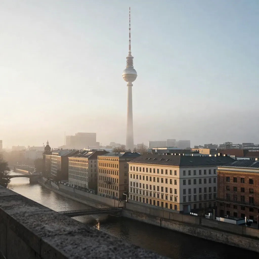 Berliner Skyline bei Morgendunst mit Fernsehturm über der Spree.