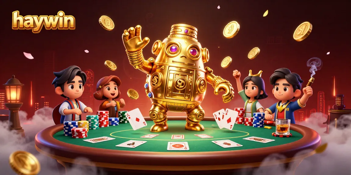 Bet big with Haywin's thrilling 3D casino golem guarding poker riches and slot symbols.