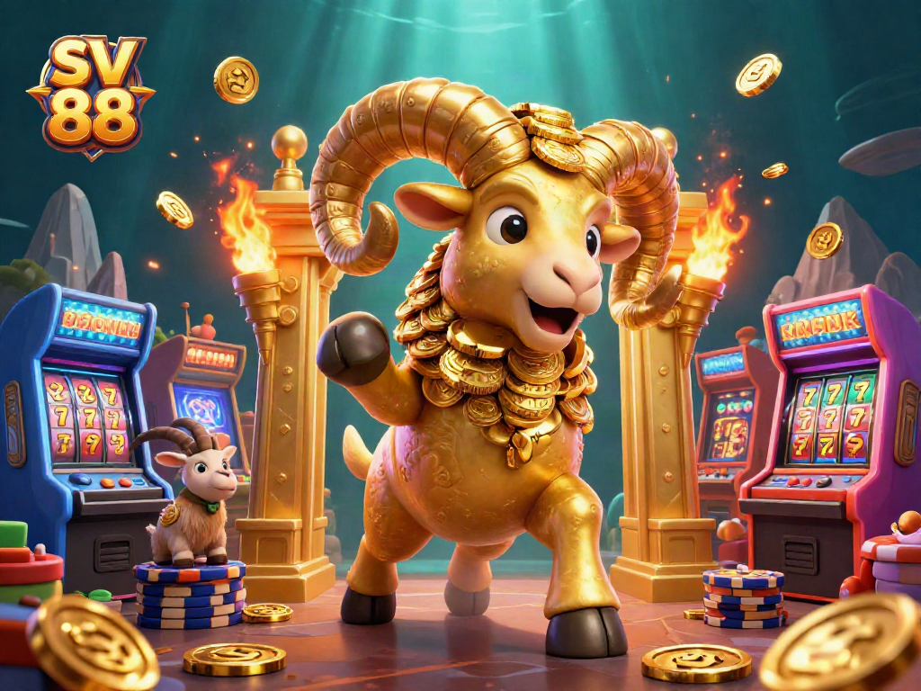 Engage with sv 88's golden gaming atmosphere featuring dynamic slot reels and vibrant characters.