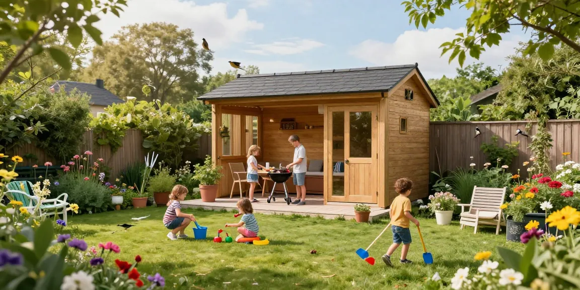 Vibrantes Gartenhaus in einer blühenden Gartenlandschaft, Familie beim Barbecue.