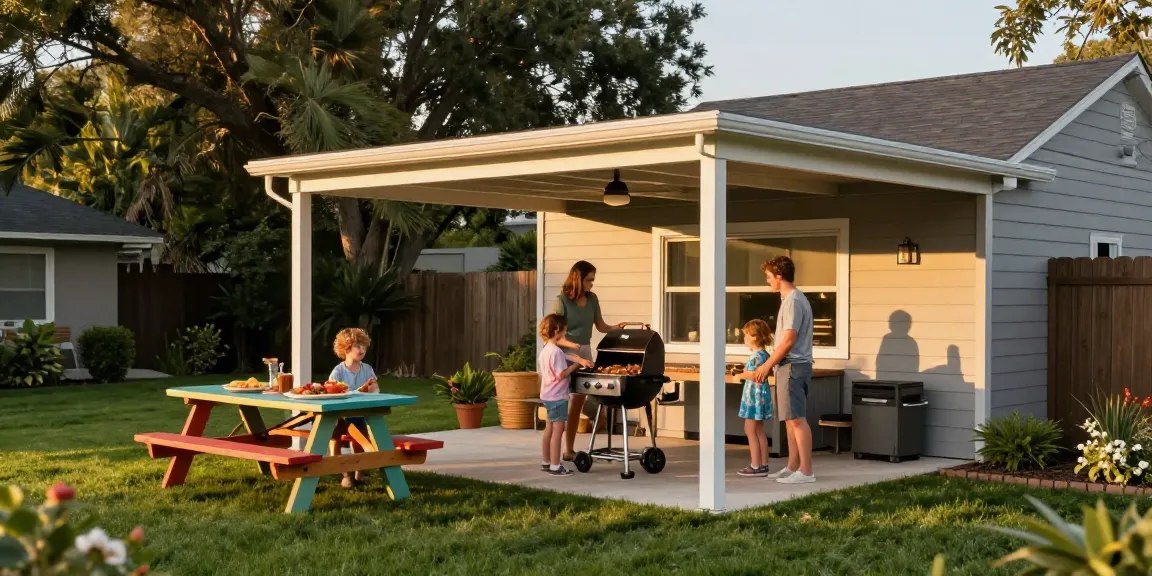 Familie genießt BBQ unter einem Carport im Garten, einladende Atmosphäre