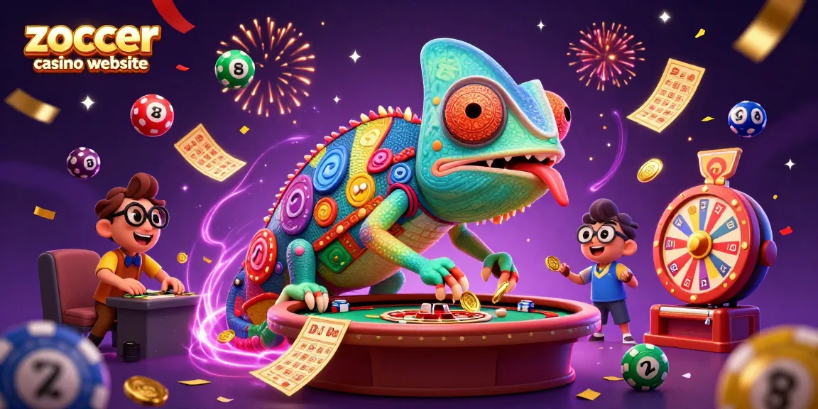 Experience thrills at the zoccer casino website with a colorful and dynamic illustration of a chameleon casino owner and games.