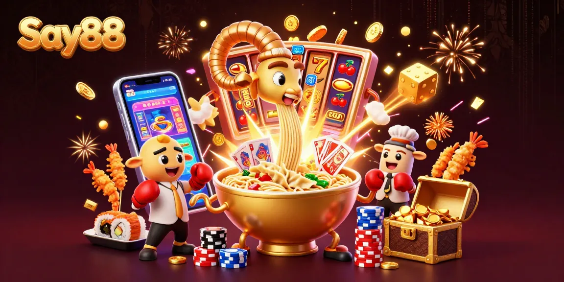 Experience the thrill of Say88 with a dynamic scene of lively casino characters and vibrant game elements.