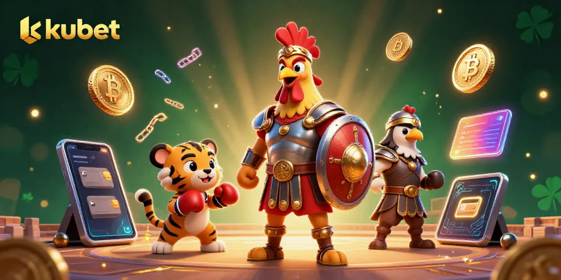 Engage in thrilling gameplay with kubet in a vibrant casino scene featuring unique characters and crypto elements.