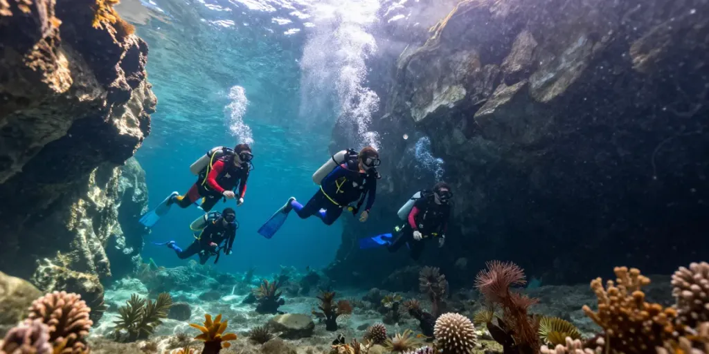 Entdecke das Tauchen in Cenoten bei Deep Dive Mexico mit Tauchern und faszinierenden Felsformationen.