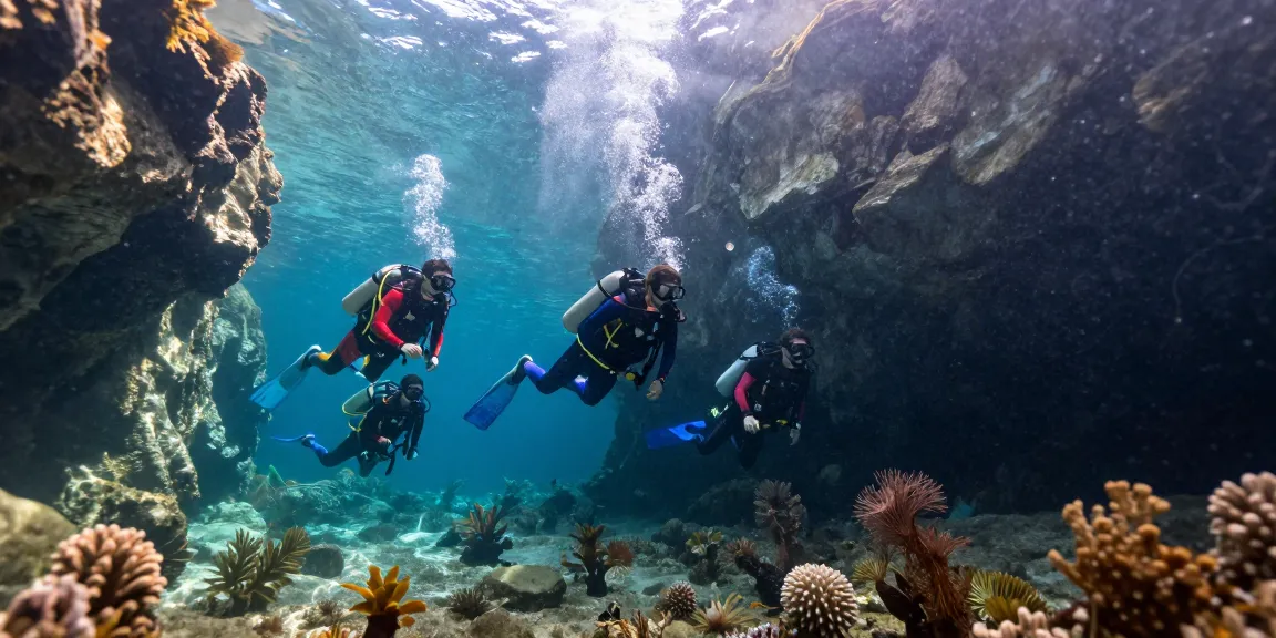 Entdecke das Tauchen in Cenoten bei Deep Dive Mexico mit Tauchern und faszinierenden Felsformationen.
