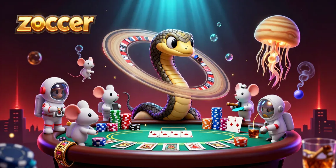 Zoccer players engage in strategic bets at a vibrant animated casino scene with cosmic elements.